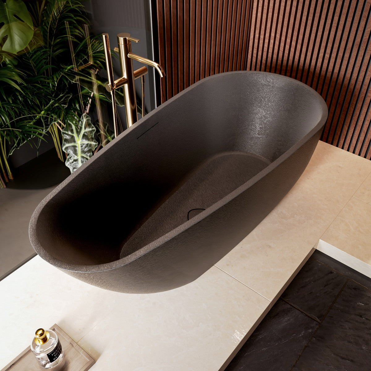 Allsumhome RockE 59" Imitation Natural Stone Freestanding Bathtub,Stone Touch,Pure Black,Scratch-proof,cUPC Certified,No Drain