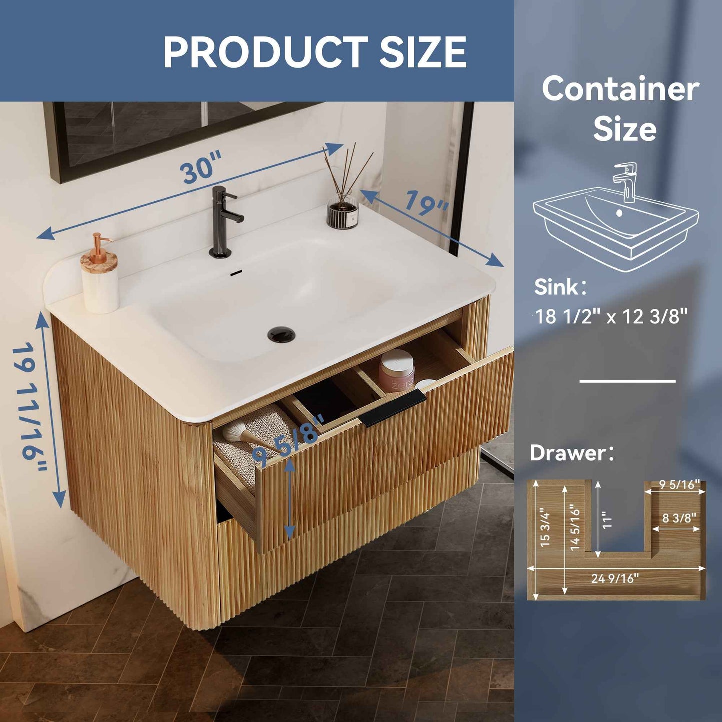 30 inch Floating Bathroom Vanity with Sink, Pre-Assembled, Wall Mounted Plywood Bathroom Storage Cabinet with Safety Rounded,Large Soft-Close Fluted Drawers & Metal Handles