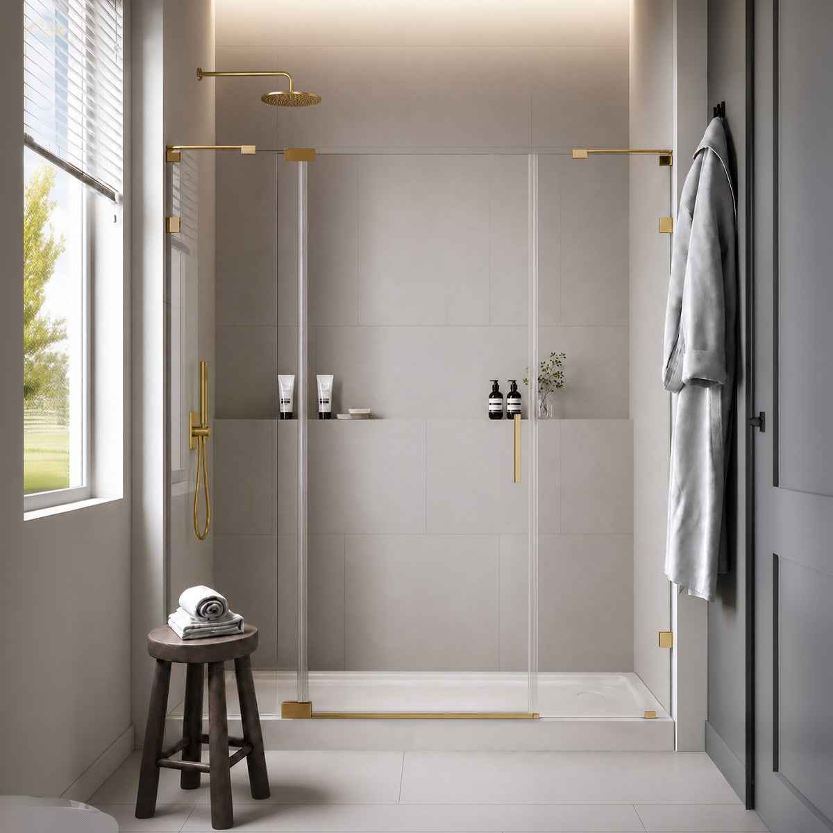 Custom Shower Glass | 10mm Tempered Clear Glass with Easy-Clean Film, Aluminum Frame & 304 Stainless Steel Handles
