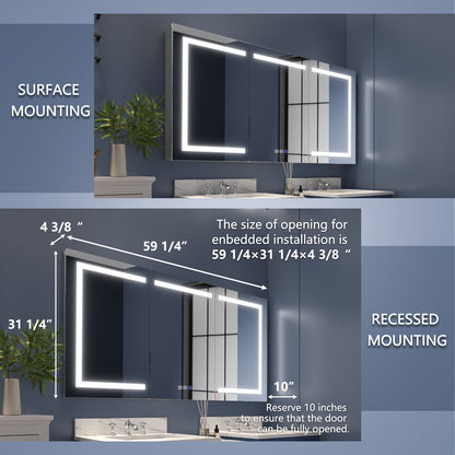 Boost 60" W x 32" H LED Lighted Bathroom Medicine Cabinet with Mirror Recessed or Surface led Medicine Cabinet
