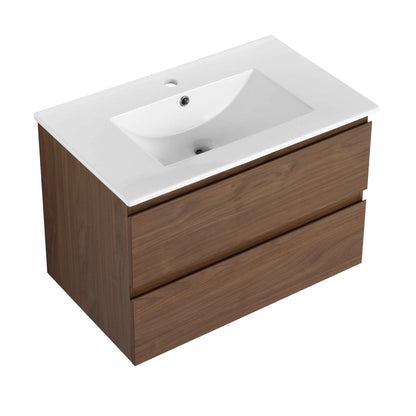 30' Wall-Mounted Bathroom Vanity With Ceramic Sink, KD-Package,2-Soft Close Drawers, KD-Package