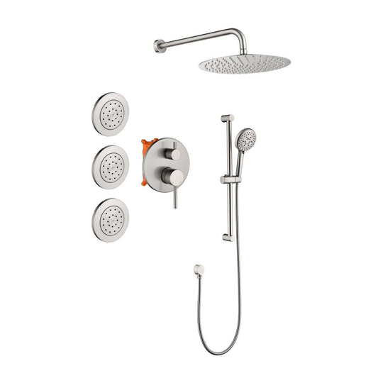 4PC3 Exbrite Shower System with Shower Head, Hand Shower, Slide Bar, Bodysprays, Shower Arm, Hose, Valve Trim, and Lever Handles,Brushed Nickel - ExBriteUSA