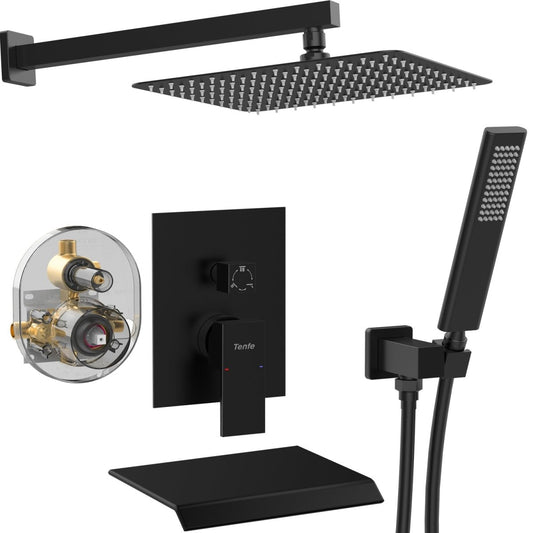 4PSQ Exbrite Male NPT Matte Black Shower System, 12 Inch Shower Fixtures Rain Shower Head with Handheld Shower Spray, Wall Mount Shower Faucet Set for Bathroom(Pressure Balance Shower Trim Valve Kit Included)