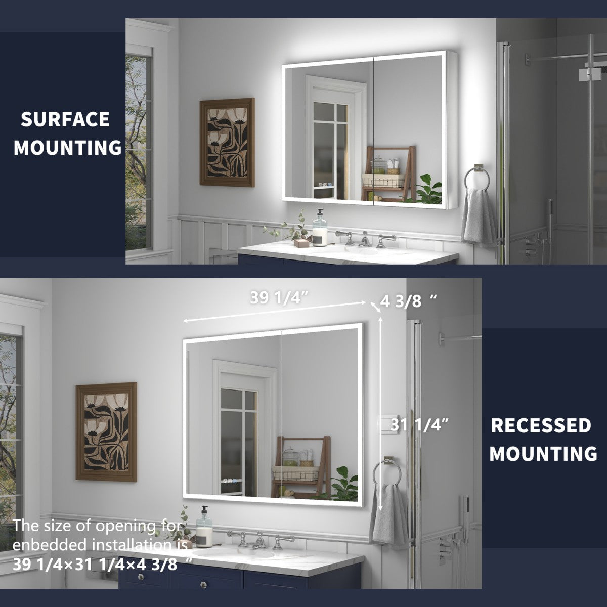 Rim 40" W x 32" H LED Lighted Medicine Cabinet Recessed or Surface with Mirrors