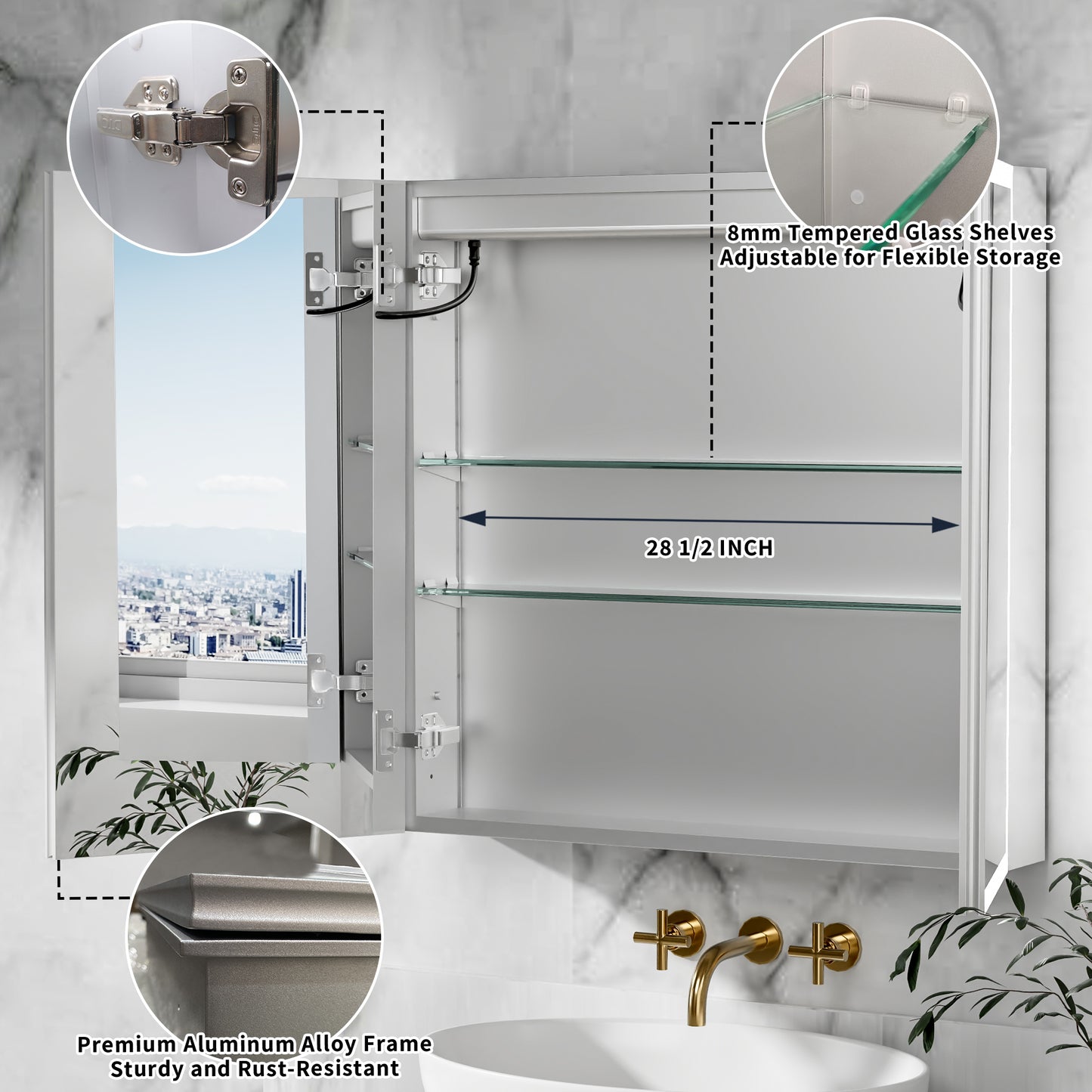ExBrite 30"W x 30"H LED Medicine Cabinet with Anti-Fog, Stepless Color Temperature and Dimming, Adjustable Shelves, Aluminum Frame, Recessed or Surface Mount - ExBriteUSA
