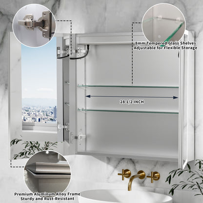 ExBrite 30"W x 30"H LED Medicine Cabinet with Anti-Fog, Stepless Color Temperature and Dimming, Adjustable Shelves, Aluminum Frame, Recessed or Surface Mount - ExBriteUSA