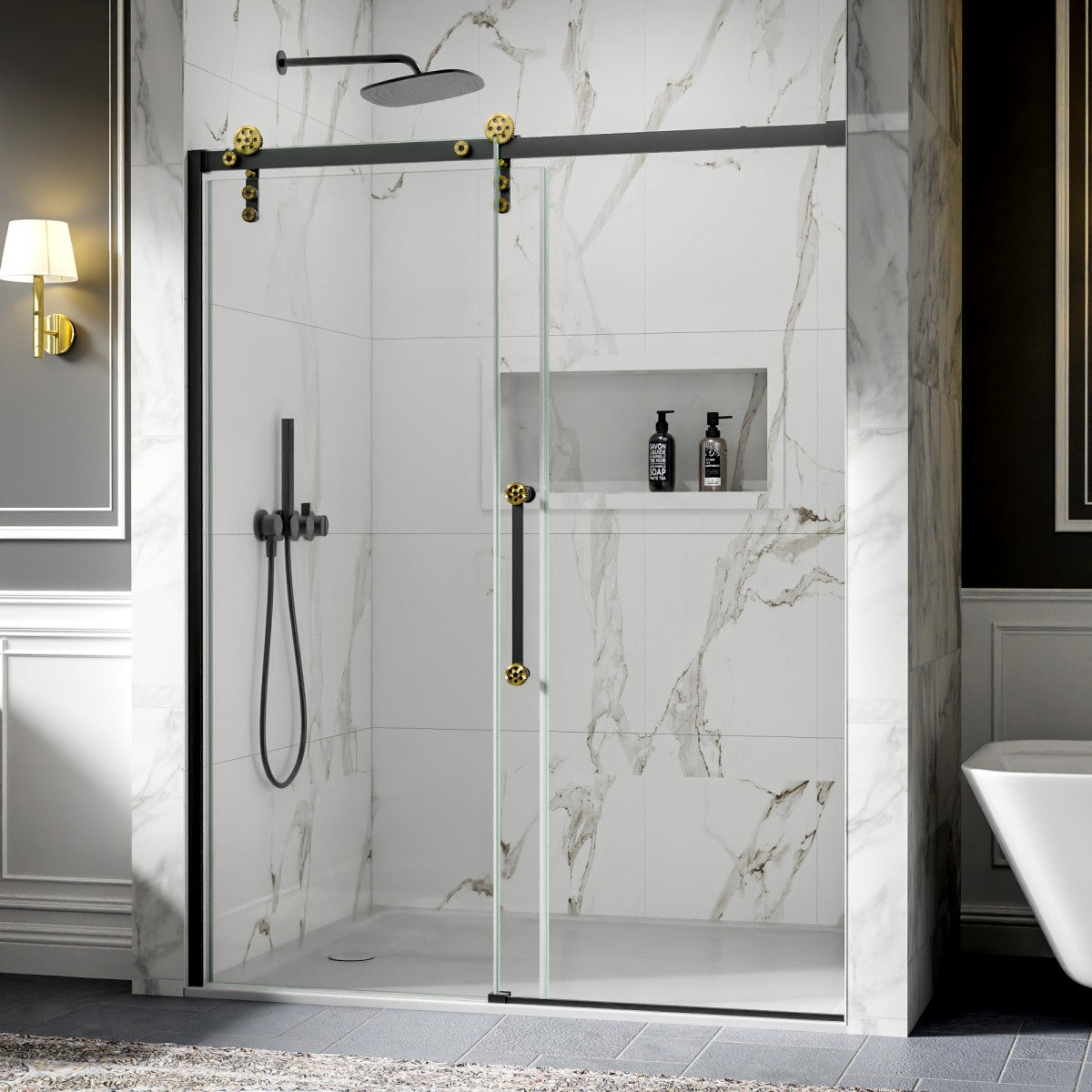 56-60" x 76" Frameless Sliding Shower door,Black Gold,Easy clean,Fixed Glass Left|ExBrite Elysian-S Series