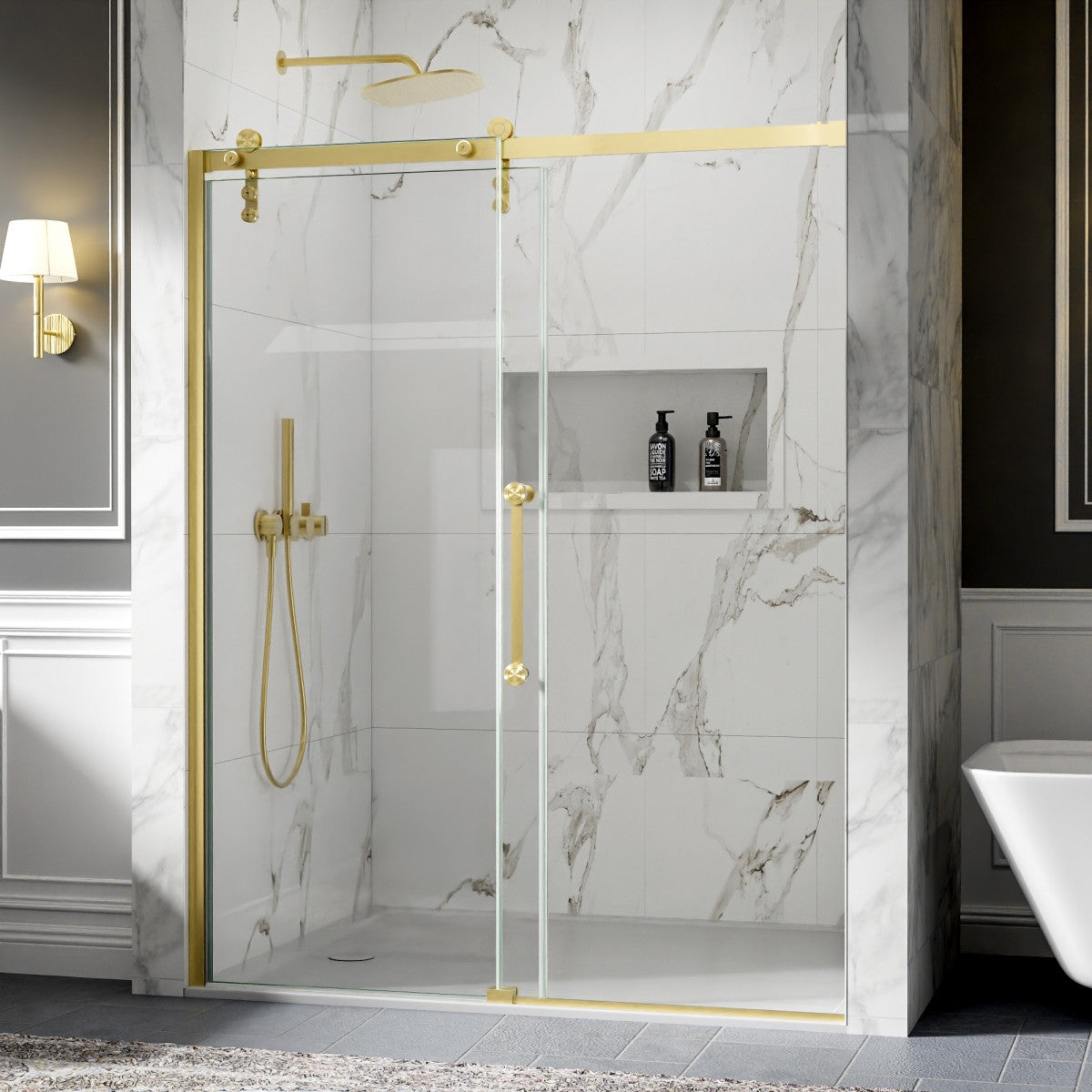 56-60" x 76" Frameless Sliding Shower door,Brushed Gold,Easy clean,Fixed Glass Left|ExBrite Elysian-R Series