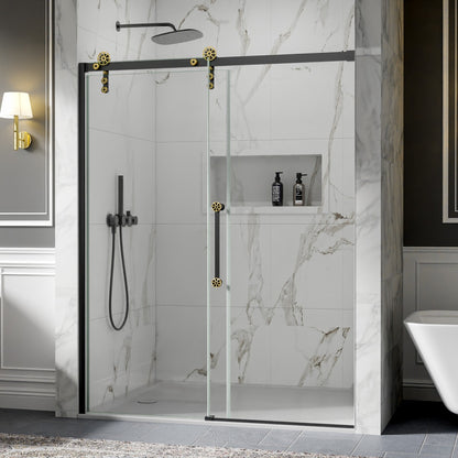 56-60" x 76" Frameless Sliding Shower door,Black Gold,Easy clean,Fixed Glass Left|ExBrite Elysian-F Series