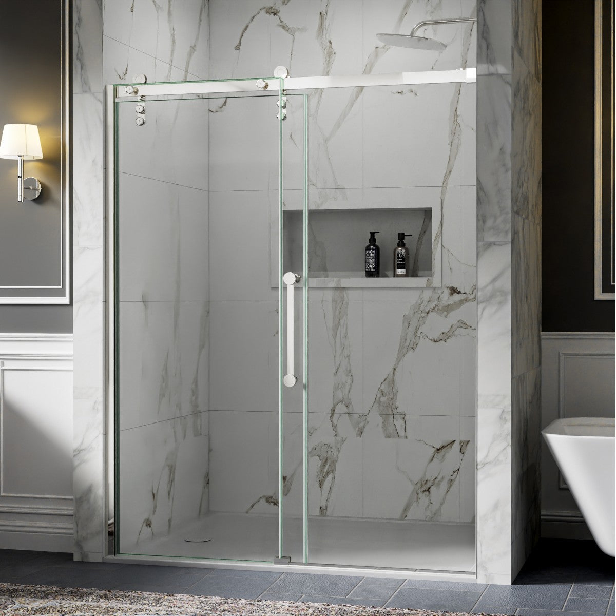 56-60" x 76" Frameless Chrome Glass Sliding Shower Door with Fixed Glass Left | ExBrite Elysian-R Series, Easy Clean