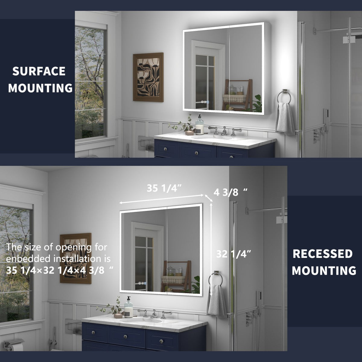 Rim 36" W x 32" H  Lighted Medicine Cabinet Recessed or Surface LED Medicine Cabinet with Outlets & USBs