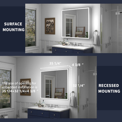 Rim 36" W x 32" H  Lighted Medicine Cabinet Recessed or Surface LED Medicine Cabinet with Outlets & USBs