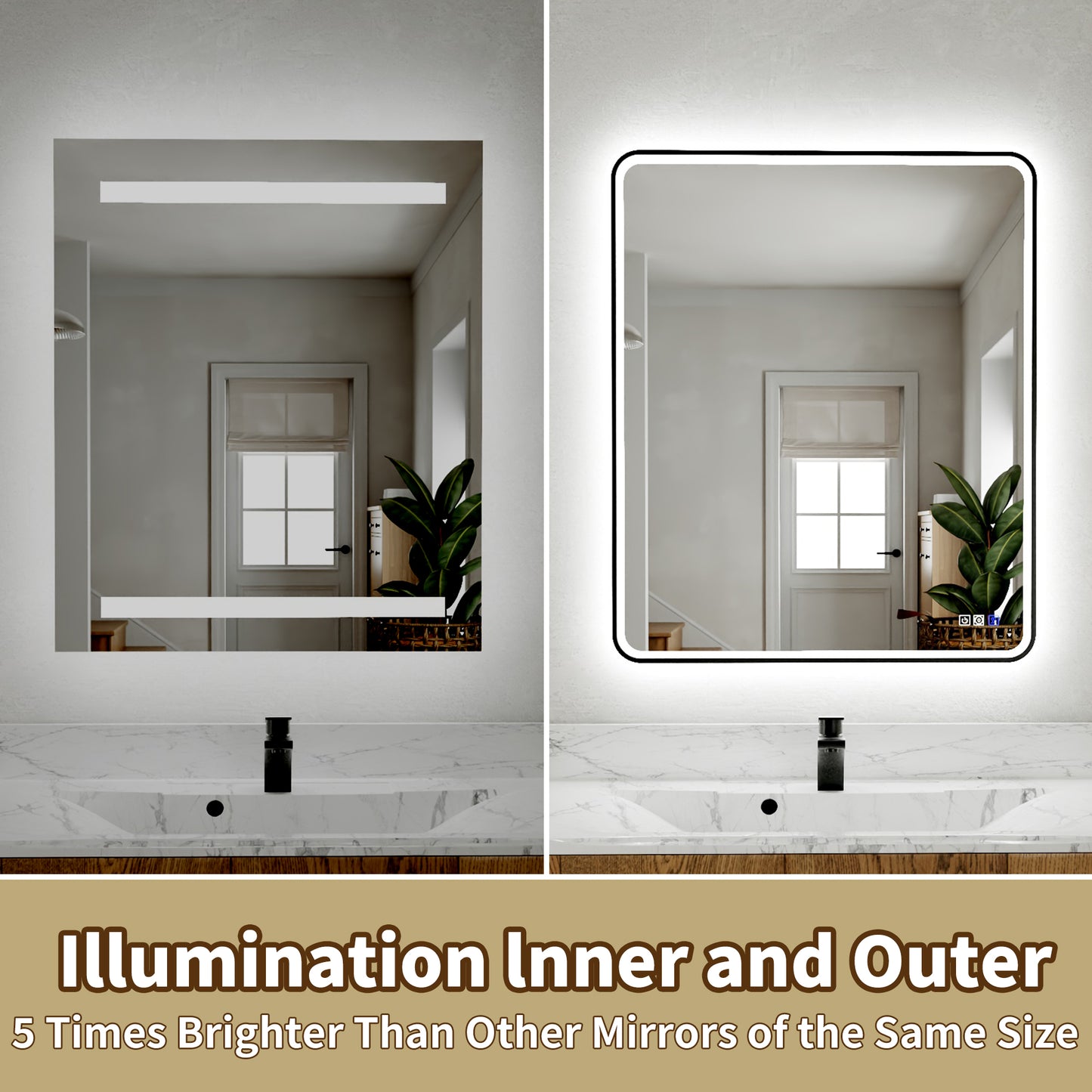 Lumina 40" W x 32" H LED Lighted Bathroom Mirror,High Illuminate, Inner & Outer Lighting,Anti-Fog, Dimmable,Black Frame with Rounded Corners