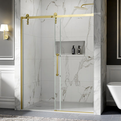 56-60" x 76" Frameless Barn Door Style Shower Door - Brushed Gold, Easy Clean, Fixed Glass Left | ExBrite Elysian-S Series