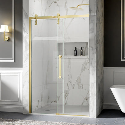 Shower Doors Sliding, 44-48"x76" Frameless Door Brushed Gold | ExBrite Elysian-R Series