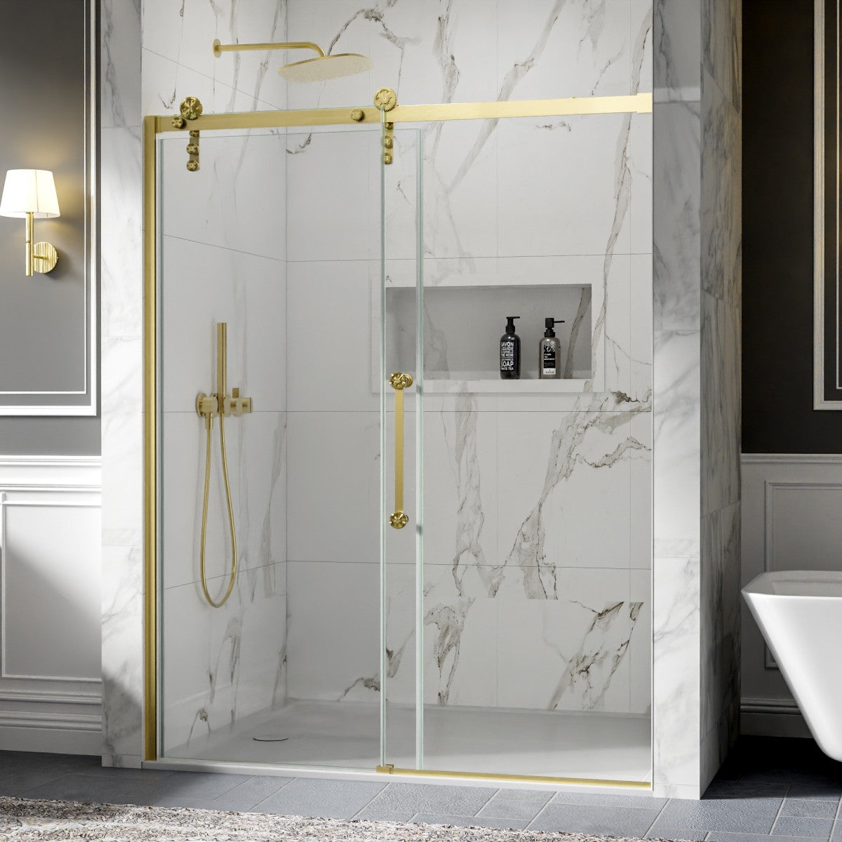56-60" x 76" Frameless Sliding Shower door,Brushed Gold,Easy clean,Fixed glass left|ExBrite Elysian-S Series