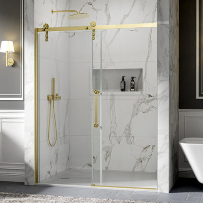 56-60" x 76" Frameless Sliding Shower door,Brushed Gold,Easy clean,Fixed glass left|ExBrite Elysian-S Series