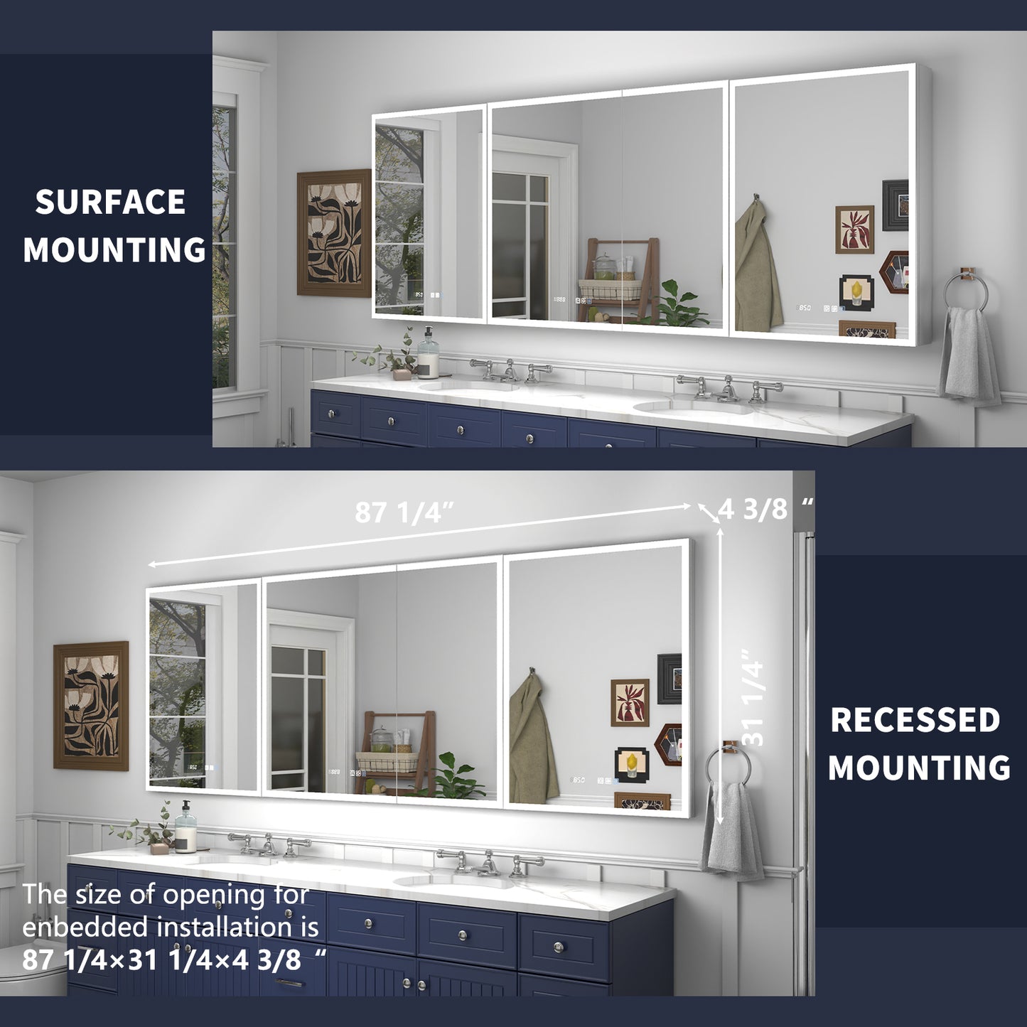 Rim 88" W x 32" H LED Lighted Medicine Cabinet Recessed or Surface with Mirrors