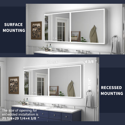 Rim 72" W x 30" H LED Lighted Medicine Cabinet Recessed or Surface with Mirrors