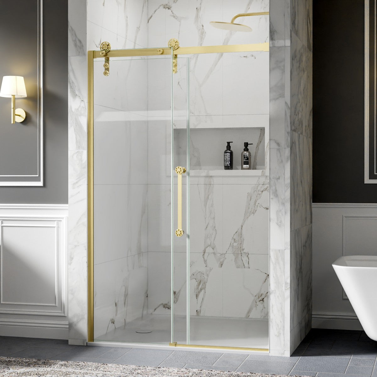 44-48" x 76" Frameless Sliding Shower Door with Fixed Glass Left in Brushed Gold – Easy Clean Shower with Sliding Glass Door, ExBrite Elysian-F Series