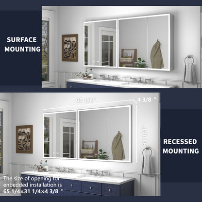 Rim 66" W x 32" H LED Lighted Medicine Cabinet Recessed or Surface with Mirrors