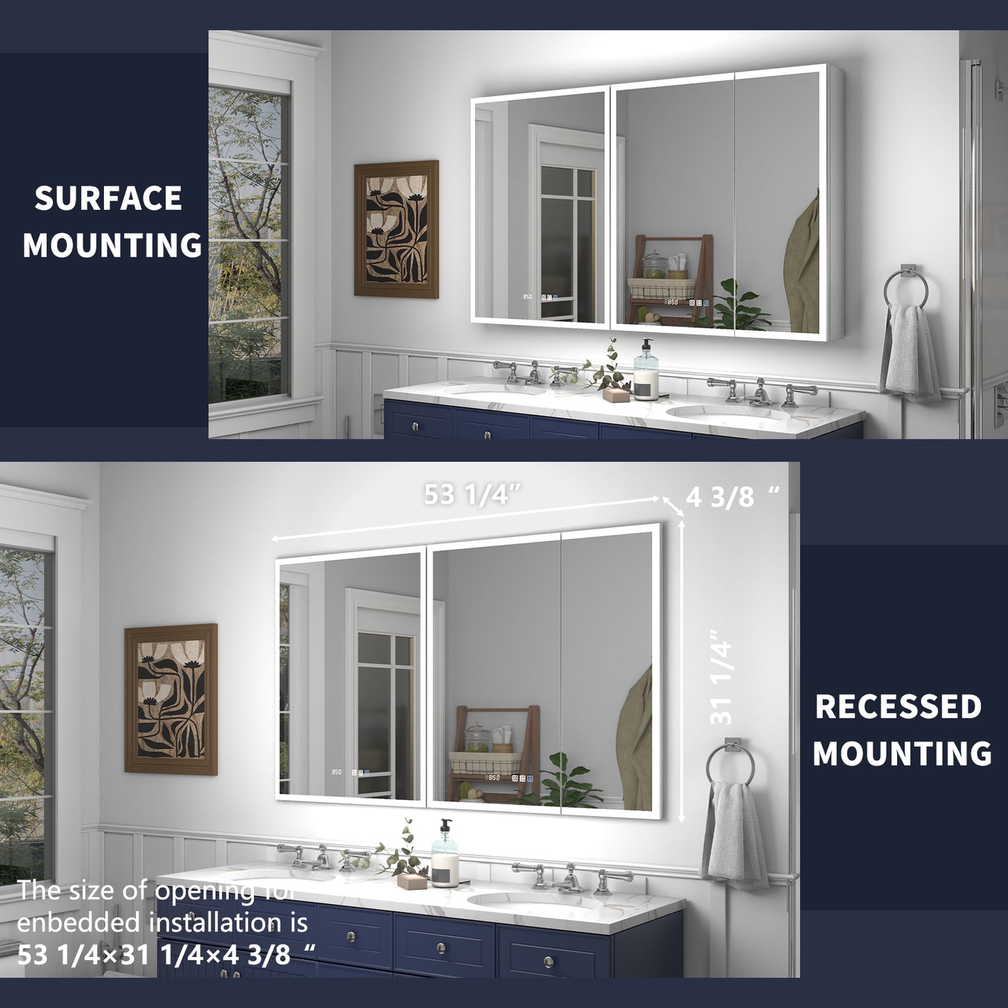 Rim 54" W x 32" H LED Lighted Medicine Cabinet Recessed or Surface with mirrors