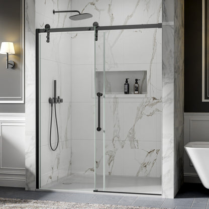 56-60" x 76" Frameless Sliding Shower door,Matte Black,Easy clean,Fixed glass left|ExBrite Elysian-S Series