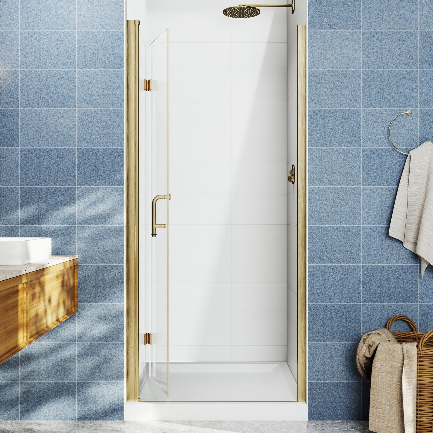 Adapt Allsumhome Bifold Shower Door 34-36 in.W x 72 in.H Pivot Swing Shower Doors,Brushed Gold,Clear Tempered Glass