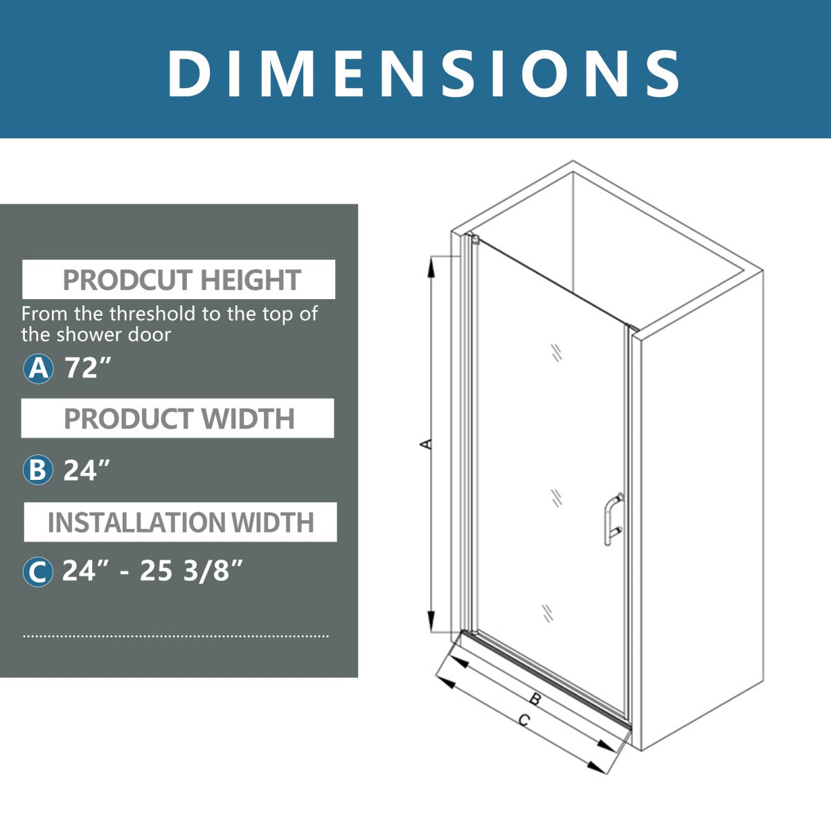 Classy 24-25" W x 72" H Small Shower Door Hinged Pivot Chrome Install Clear Glass Shower Door