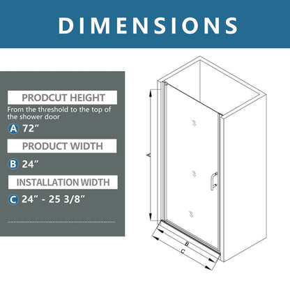 Classy 24-25" W x 72" H Small Shower Door Hinged Pivot Chrome Install Clear Glass Shower Door