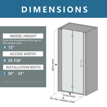 Exbrite Adapt Bifold Shower Door 30-32 in.W x 72 in.H Pivot Swing Shower Doors,Brushed Nickel,Tempered Glass