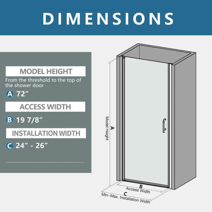 Classy 24-26" W x 72" H Small Clear Glass Shower Door Hinged Pivot Black Install