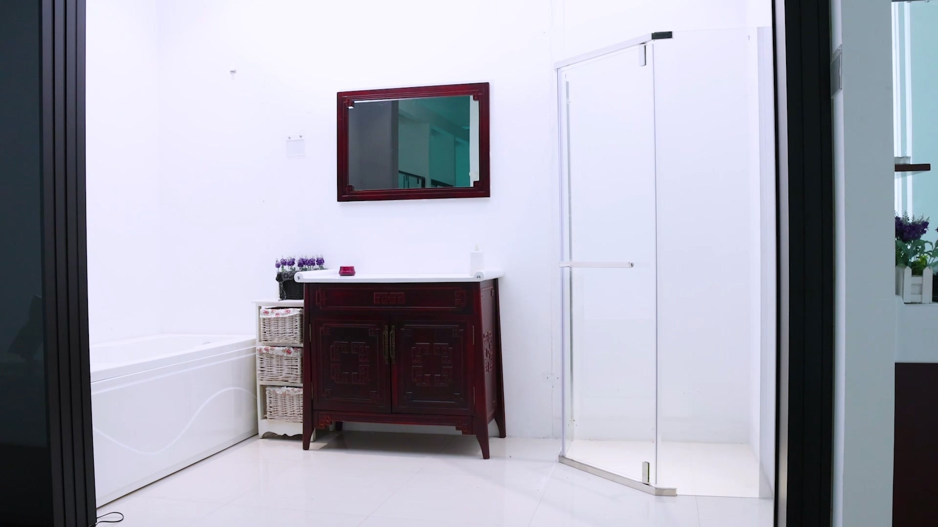 Load video: Prism Neo-Angle Frameless Shower Door 38 in. W x 72 in. H Corner Shower Enclosure,6mm Clear Glass,Pivot Shower Doors,Matte Black,Not Base