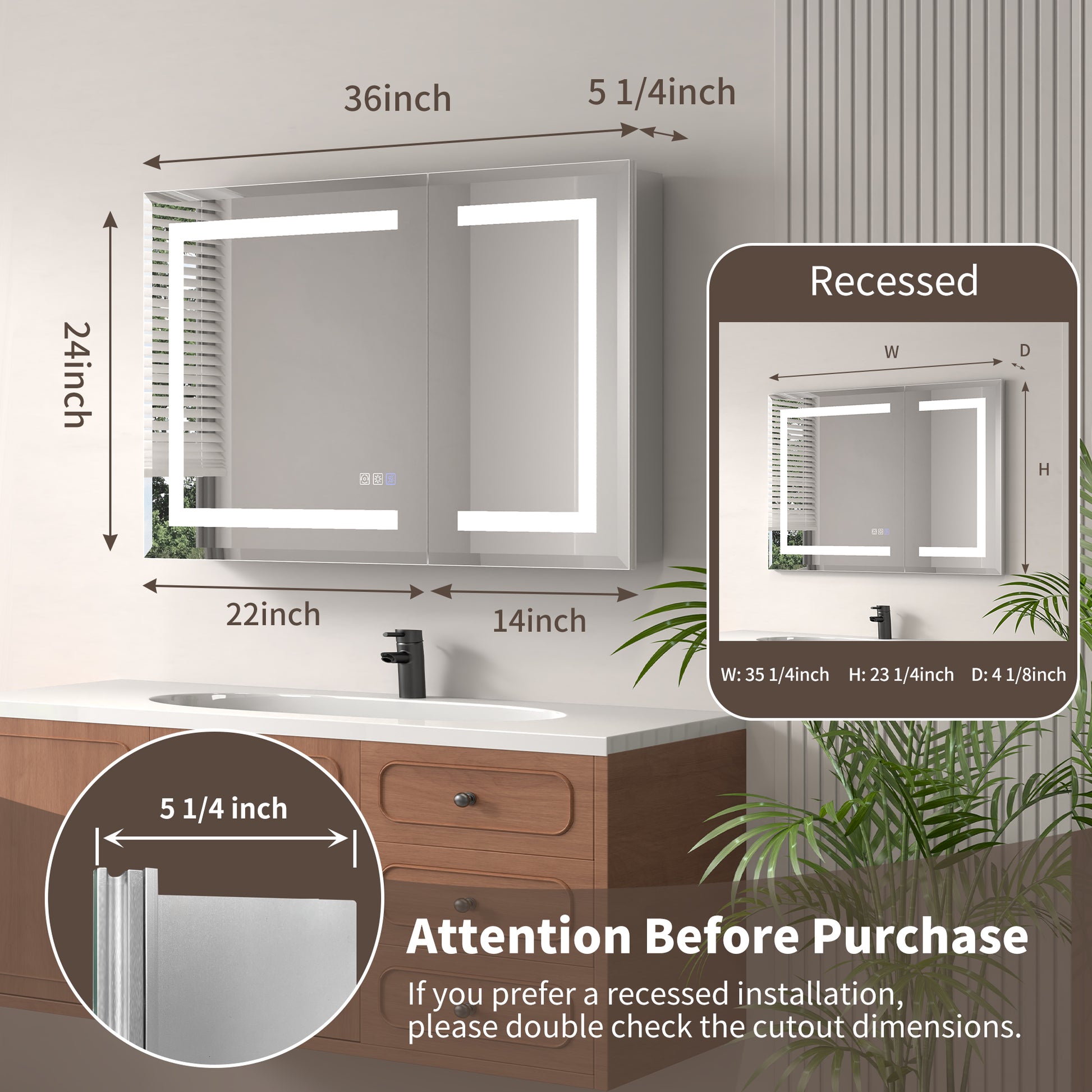 ExBrite 36" x 24" LED Lighted Medicine Cabinet with Adjustable Shelves, Anti-Fog, Beveled Design, Recessed or Surface Mount - ExBriteUSA