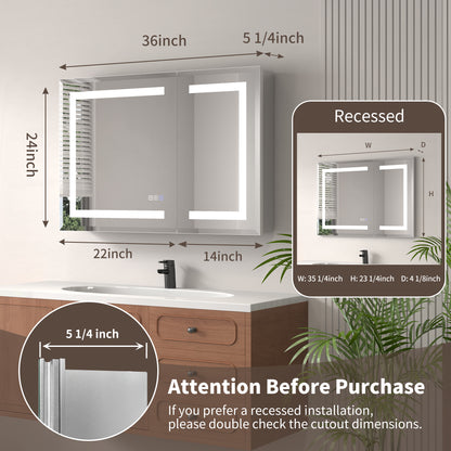 ExBrite 36" x 24" LED Lighted Medicine Cabinet with Adjustable Shelves, Anti-Fog, Beveled Design, Recessed or Surface Mount - ExBriteUSA