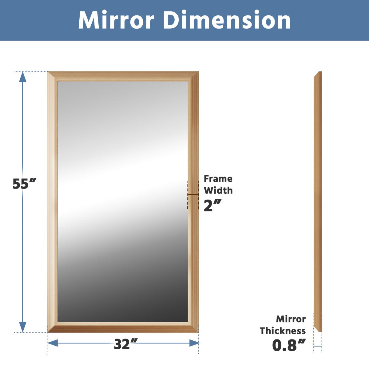 55" x 32" Light Wood Grain Modern, Elegant Rectangular Wall Mirror with Tempered Glass, Shatterproof, Rust-Resistant Light Wood Grain Aluminum Frame for Bathroom, Living Room & Hallway| Nolhurst