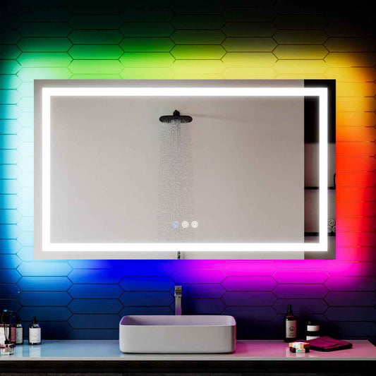 55"x 30" LED Backlit Mirror - RGB Smart Color Changing Bathroom Mirror with Anti-Fog & Dimmable Touch Control | Exbrite DYLUX