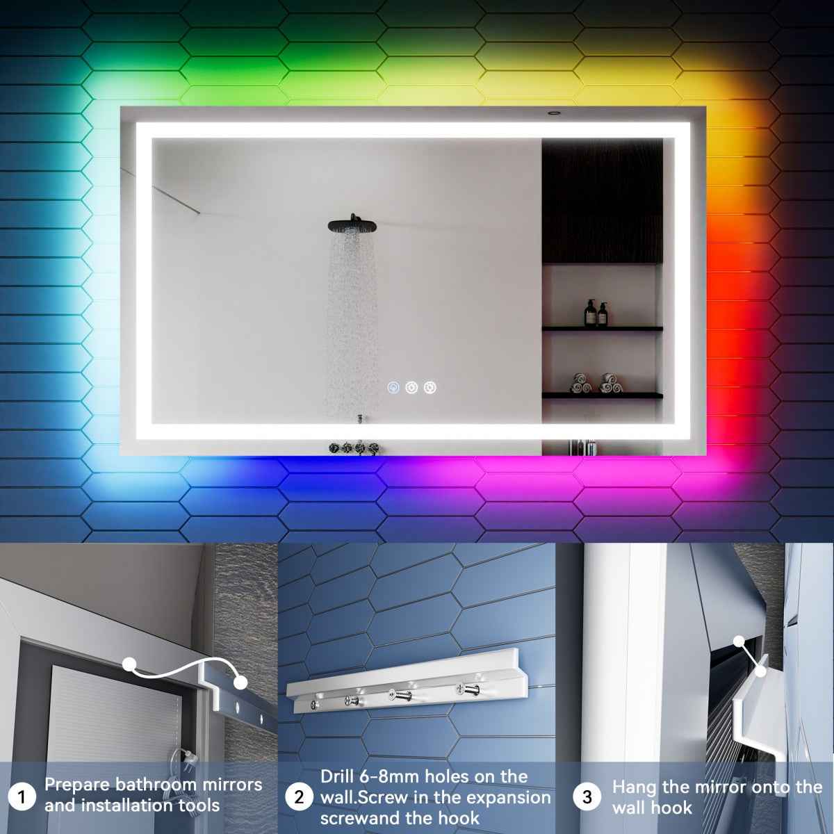 55"x 30" RGB Smart LED Bathroom Mirror–Color Changing Backlit Mirror with Anti-Fog & Dimmable Touch Control|Exbrite DYLUX