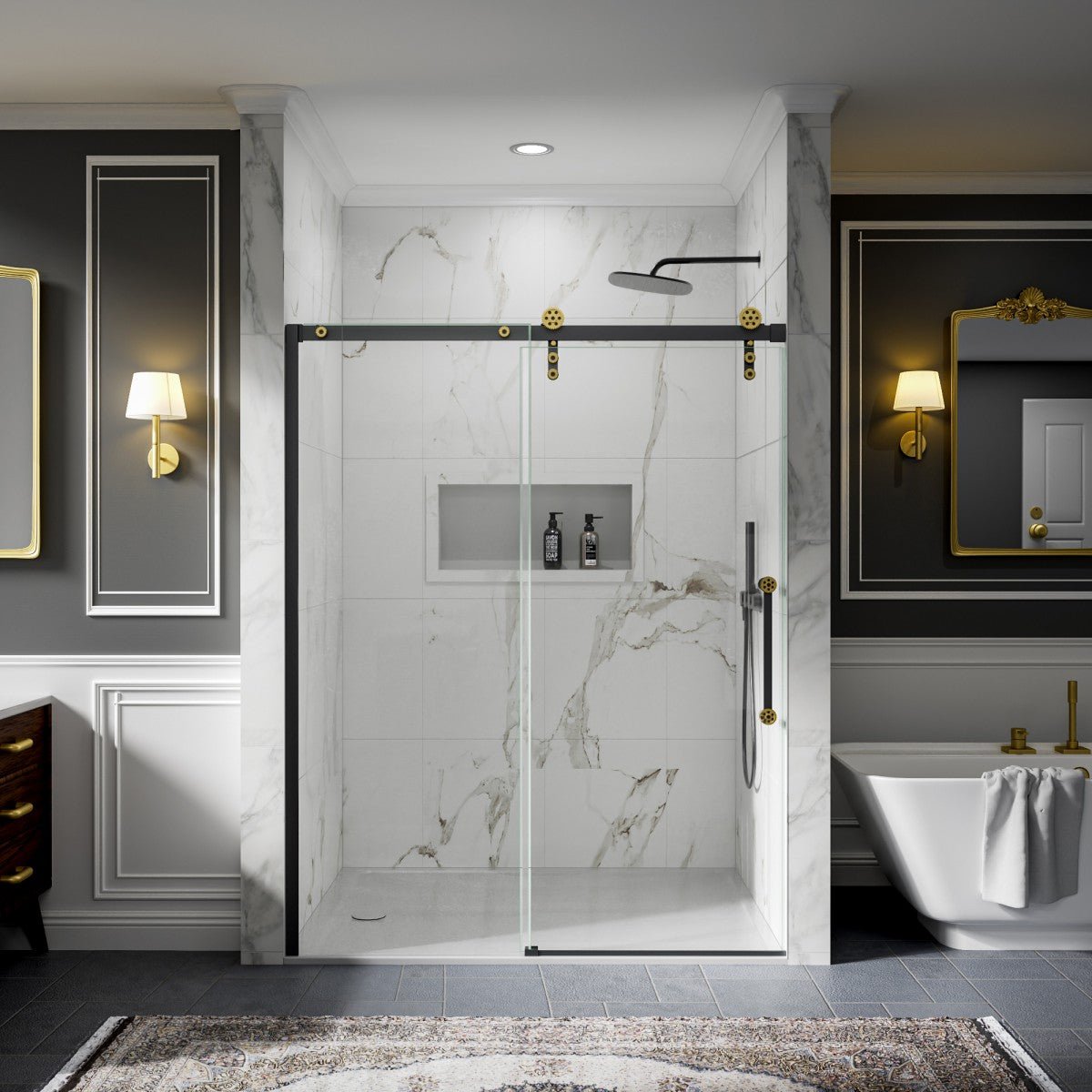 56-60" x 76" Black Gold Frameless Showers Door - Easy Clean Fixed Glass Left | ExBrite Elysian-S Series