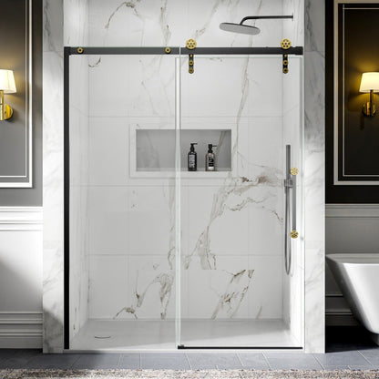 56-60" x 76" Black Gold Frameless Showers Door - Easy Clean Fixed Glass Left | ExBrite Elysian-S Series