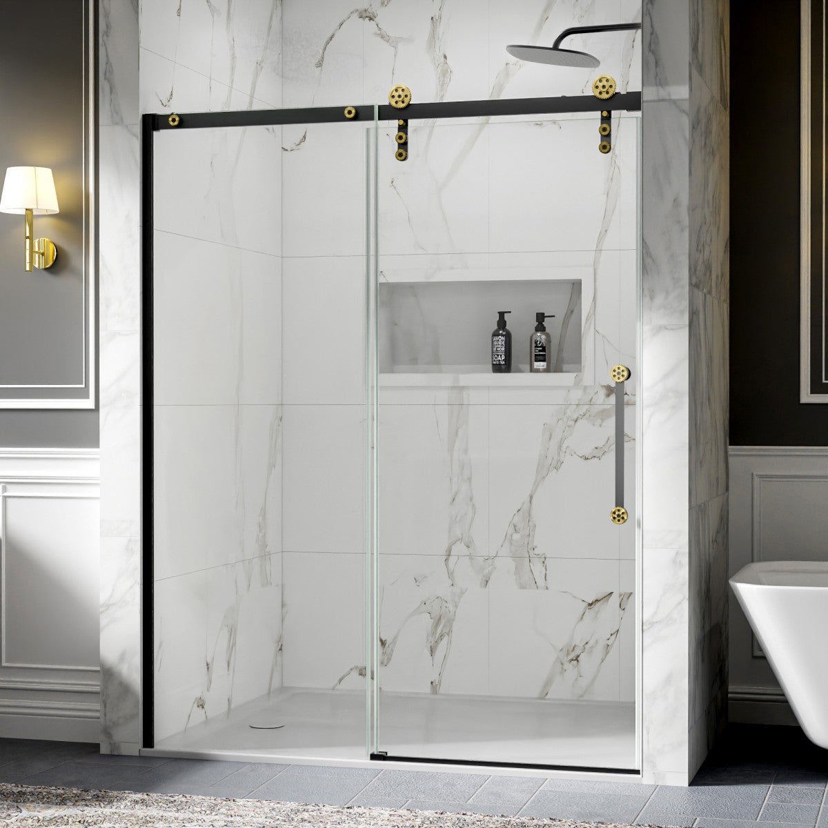 56-60" x 76" Black Gold Frameless Showers Door - Easy Clean Fixed Glass Left | ExBrite Elysian-S Series