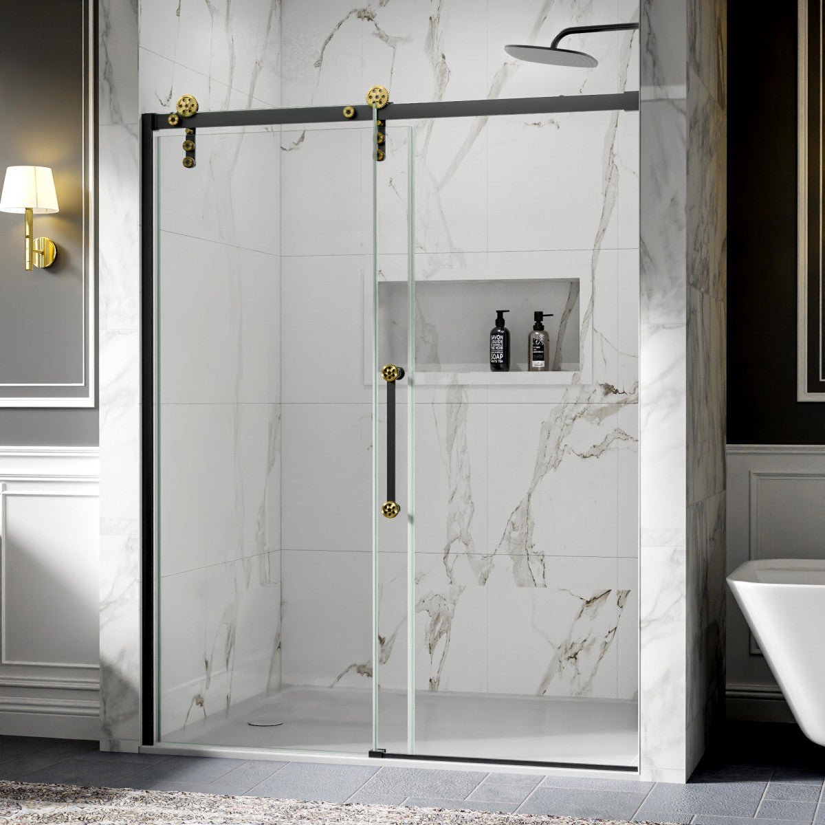56-60" x 76" Black Gold Frameless Showers Door - Easy Clean Fixed Glass Left | ExBrite Elysian-S Series