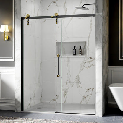 56-60" x 76" Black Gold Frameless Showers Door - Easy Clean Fixed Glass Left | ExBrite Elysian-S Series