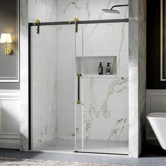 56-60" x 76" Black Gold Frameless Showers Door - Easy Clean Fixed Glass Left | ExBrite Elysian-S Series