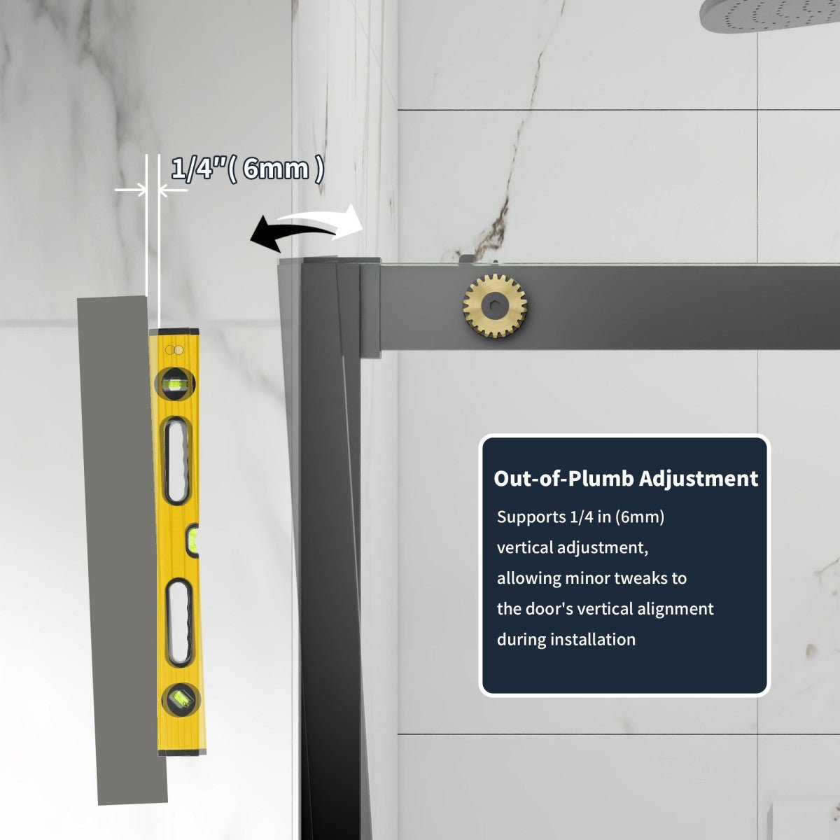 56-60" x 76" Black Gold Frameless Showers Door - Easy Clean Fixed Glass Left | ExBrite Elysian-S Series