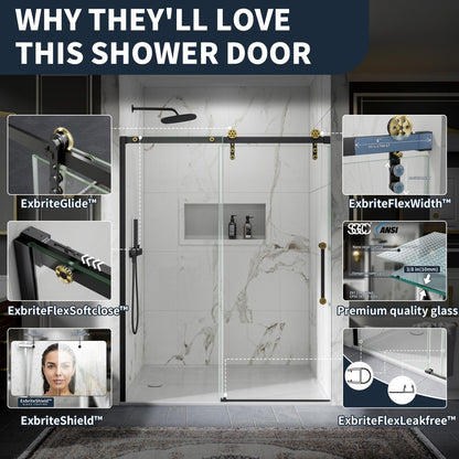 56-60" x 76" Black Gold Frameless Showers Door - Easy Clean Fixed Glass Left | ExBrite Elysian-S Series