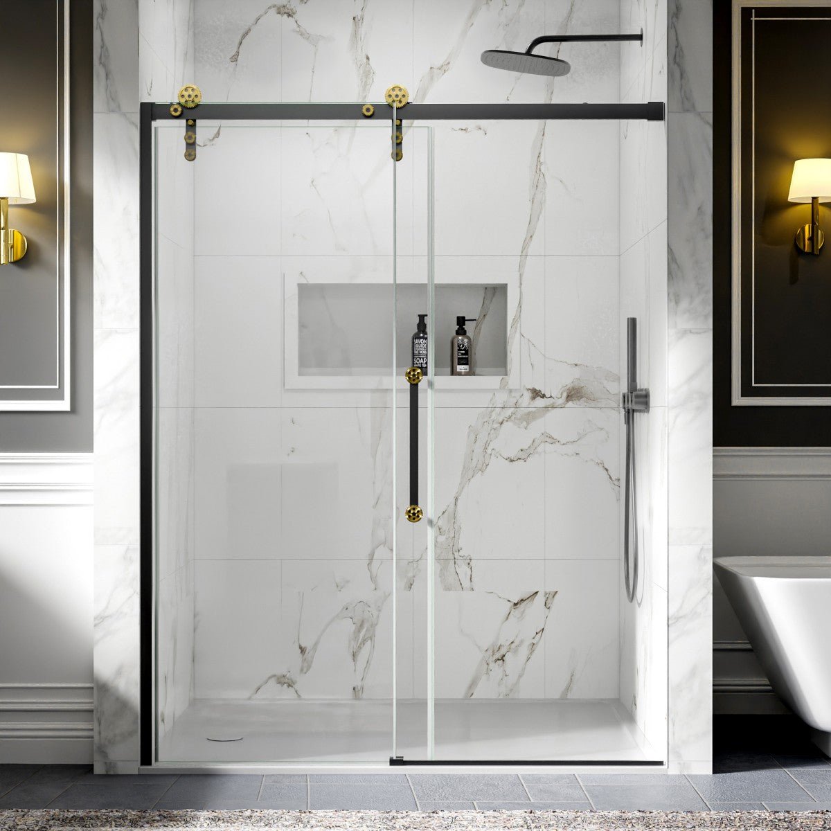 56-60" x 76" Black Gold Frameless Showers Door - Easy Clean Fixed Glass Left | ExBrite Elysian-S Series