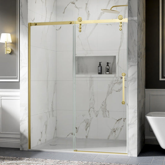 56-60" x 76" Frameless Barn Door Style Shower Door - Brushed Gold, Easy Clean, Fixed Glass Left | ExBrite Elysian-S Series