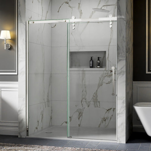 56-60" x 76" Frameless Chrome Glass Sliding Shower Door with Fixed Glass Left | ExBrite Elysian-R Series, Easy Clean
