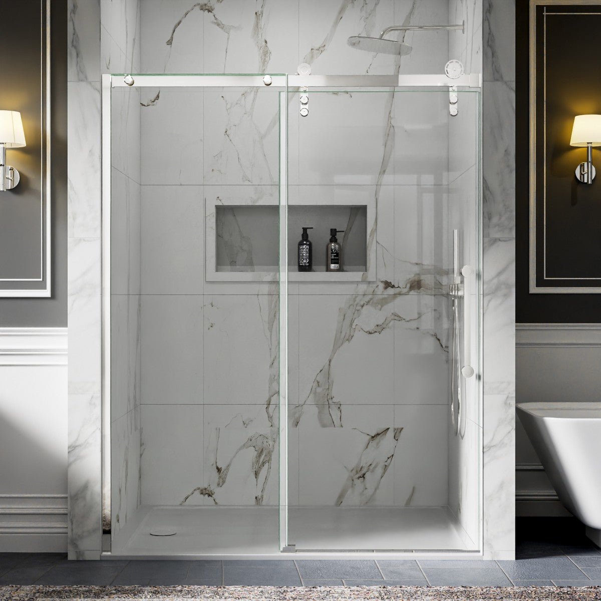 56-60" x 76" Frameless Chrome Glass Sliding Shower Door with Fixed Glass Left | ExBrite Elysian-R Series, Easy Clean